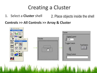 Creating a Cluster
1. Select a Cluster shell     2. Place objects inside the shell
Controls >> All Controls >> Array & Cluster
 