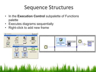 Sequence Structures
• In the Execution Control subpalette of Functions
  palette
• Executes diagrams sequentially
• Right-click to add new frame
 