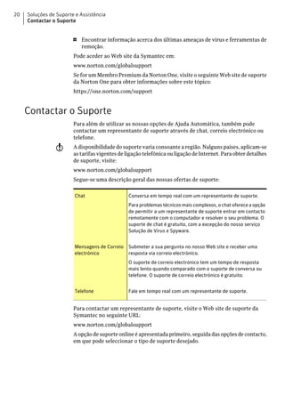 20   Soluções de Suporte e Assistência
     Contactar o Suporte


                        1   Encontrar informação acerca dos últimas ameaças de vírus e ferramentas de
                            remoção.
                        Pode aceder ao Web site da Symantec em:
                        www.norton.com/globalsupport
                        Se for um Membro Premium da Norton One, visite o seguinte Web site de suporte
                        da Norton One para obter informações sobre este tópico:
                        https://one.norton.com/support


     Contactar o Suporte
                        Para além de utilizar as nossas opções de Ajuda Automática, também pode
                        contactar um representante de suporte através de chat, correio electrónico ou
                        telefone.
                 w      A disponibilidade do suporte varia consoante a região. Nalguns países, aplicam-se
                        as tarifas vigentes de ligação telefónica ou ligação de Internet. Para obter detalhes
                        de suporte, visite:
                        www.norton.com/globalsupport
                        Segue-se uma descrição geral das nossas ofertas de suporte:

                        Chat                    Conversa em tempo real com um representante de suporte.
                                                Para problemas técnicos mais complexos, o chat oferece a opção
                                                de permitir a um representante de suporte entrar em contacto
                                                remotamente com o computador e resolver o seu problema. O
                                                suporte de chat é gratuito, com a excepção do nosso serviço
                                                Solução de Vírus e Spyware.


                        Mensagens de Correio    Submeter a sua pergunta no nosso Web site e receber uma
                        electrónico             resposta via correio electrónico.
                                                O suporte de correio electrónico tem um tempo de resposta
                                                mais lento quando comparado com o suporte de conversa ou
                                                telefone. O suporte de correio electrónico é gratuito.


                        Telefone                Fale em tempo real com um representante de suporte.


                        Para contactar um representante de suporte, visite o Web site de suporte da
                        Symantec no seguinte URL:
                        www.norton.com/globalsupport
                        A opção de suporte online é apresentada primeiro, seguida das opções de contacto,
                        em que pode seleccionar o tipo de suporte desejado.
 