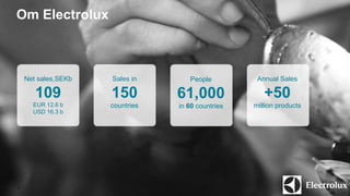 Om Electrolux 
4 
Net sales,SEKb 
109 
EUR 12.6 b 
USD 16.3 b 
Sales in 
150 
countries 
People 
61,000 
in 60 countries 
Annual Sales 
+50 
million products 
 