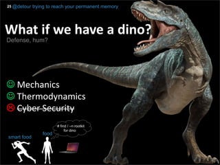 In Short
Presentation title yyyy-mm-dd
What if we have a dino?
 Mechanics
 Thermodynamics
 Cyber Security
25 @detour trying to reach your permanent memory
food
smart food
# find / –n rootkit
for dino
Defense, hum?
 