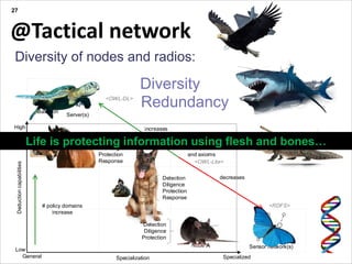 In Short
@Tactical network
27
Diversity of nodes and radios:
decreases
Specialization
Deductioncapabilities
General Specialized
Low
High
Node B
Node C
Node A
Detection
Diligence
Planning
Protection
Response
Detection
Diligence
Protection
Response
Detection
Diligence
Protection
# policy domains
increase
Server(s)
Battalion
Sensor network(s)
increases
# classes, instances
and axioms
<OWL-DL>
<OWL-Lite>
<RDFS>
Life is protecting information using flesh and bones…
Diversity
Redundancy
 