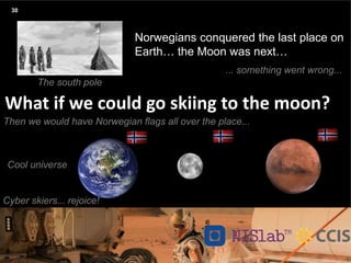 Agenda
Presentation title yyyy-mm-dd
Three things:
What if we could go skiing to the moon?
Norwegians conquered the last place on
Earth… the Moon was next…
30
Then we would have Norwegian flags all over the place...
Cool universe
The south pole
... something went wrong...
Cyber skiers... rejoice!
 