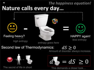 Agenda
Presentation title yyyy-mm-dd
Three things:
Nature calls every day…
 - = 
40
The happiness equation!
Feeling heavy?
high entropy
HAPPY again!
entropy goes here
less entropy
𝑑𝑆 ≥ 0
Amount of disorder always increase.
Second law of Thermodynamics:
The secret of life in short
𝑑 = 𝑑𝑆 ≥ 0
This demands a closer look…
 