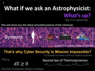 Agenda
Presentation title yyyy-mm-dd
Three things:
What if we ask an Astrophysicist:
6
What’s up?
Say it is a good day
System with 10 billion galaxies interacting
She will show you the latest simulated picture of the Universe:
Explaining: If you can compute the entropy S of such system, you will notice
that the amount of disorder is always increasing.
𝑑𝑆 ≥ 0
Amount of disorder always increase.
Second law of ThermodynamicsThat is,
Systems + + …
That’s why Cyber Security is Mission Impossible?
It is easier to break in than to protect systems...
dSuniverse = (dSsurroundings + dSsystem ) ≥ 0
 