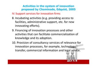 Activities in the system of innovation
       proposed by Chaminade, Edquist, 2005
IV. Support services for innovation firms
8. Incubating activities (e.g. providing access to
   facilities, administrative support, etc. for new
   innovating efforts).
9. Financing of innovation processes and other
   activities that can facilitate commercialization of
   knowledge and its adoption.
10. Provision of consultancy services of relevance for
   innovation processes, for example, technology
   transfer, commercial information and legal advice.
 