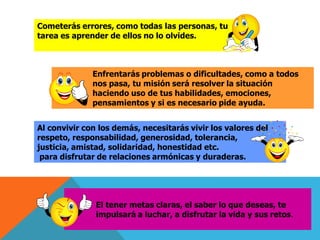 Cometerás errores, como todas las personas, tu
tarea es aprender de ellos no lo olvides.



              Enfrentarás problemas o dificultades, como a todos
              nos pasa, tu misión será resolver la situación
              haciendo uso de tus habilidades, emociones,
              pensamientos y si es necesario pide ayuda.


Al convivir con los demás, necesitarás vivir los valores del
respeto, responsabilidad, generosidad, tolerancia,
justicia, amistad, solidaridad, honestidad etc.
 para disfrutar de relaciones armónicas y duraderas.




               El tener metas claras, el saber lo que deseas, te
               impulsará a luchar, a disfrutar la vida y sus retos.
 