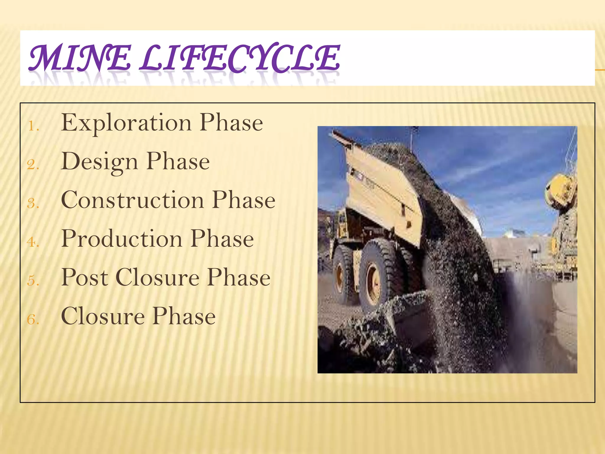 MINE LIFECYCLE
1.
2.
3.
4.

5.
6.

Exploration Phase
Design Phase
Construction Phase
Production Phase
Post Closure Phase
Closure Phase

 