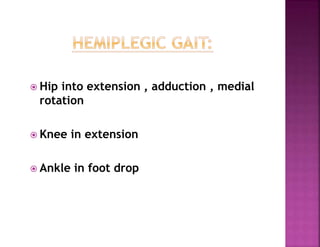  Hip into extension , adduction , medial
rotation
 Knee in extension
 Ankle in foot drop
 