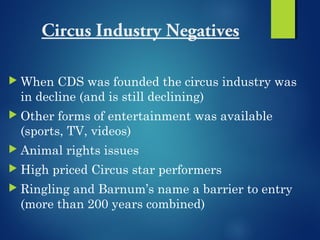 Circus Industry Negatives
 When CDS was founded the circus industry was
in decline (and is still declining)
 Other forms...