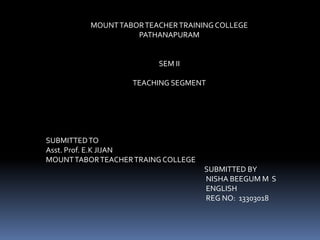 MOUNT TABOR TEACHER TRAINING COLLEGE 
PATHANAPURAM 
SEM II 
TEACHING SEGMENT 
SUBMITTED TO 
Asst. Prof. E.K JIJAN 
MOUNT TABOR TEACHER TRAING COLLEGE 
SUBMITTED BY 
NISHA BEEGUM M S 
ENGLISH 
REG NO: 13303018 
 