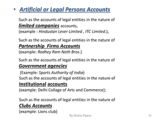 • Artificial or Legal Persons Accounts
Such as the accounts of legal entities in the nature of
limited companies accounts,
(example : Hindustan Lever Limited , ITC Limited.),
Such as the accounts of legal entities in the nature of
Partnership Firms Accounts
(example: Radhey Ram Nath Bros.)
Such as the accounts of legal entities in the nature of
Government agencies
(Example: Sports Authority of India)
Such as the accounts of legal entities in the nature of
Institutional accounts
(example: Delhi Collage of Arts and Commerce);
Such as the accounts of legal entities in the nature of
Clubs Accounts
(example: Lions club)
48By Nisha Pawar
 