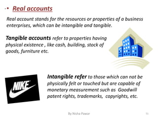 .• Real accounts
Real account stands for the resources or properties of a business
enterprises, which can be intangible and tangible.
Tangible accounts refer to properties having
physical existence , like cash, building, stock of
goods, furniture etc.
Intangible refer to those which can not be
physically felt or touched but are capable of
monetary measurement such as Goodwill
patent rights, trademarks, copyrights, etc.
51By Nisha Pawar
 