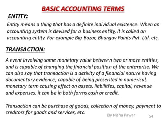 BASIC ACCOUNTING TERMS
ENTITY:
Entity means a thing that has a definite individual existence. When an
accounting system is devised for a business entity, it is called an
accounting entity. For example Big Bazar, Bhargav Paints Pvt. Ltd. etc.
TRANSACTION:
A event involving some monetary value between two or more entities,
and is capable of changing the financial position of the enterprise. We
can also say that transaction is a activity of a financial nature having
documentary evidence, capable of being presented in numerical,
monetary term causing effect on assets, liabilities, capital, revenue
and expenses. it can be in both forms cash or credit.
Transaction can be purchase of goods, collection of money, payment to
creditors for goods and services, etc.
54By Nisha Pawar
 