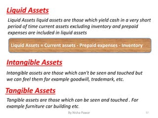 Liquid Assets
Liquid Assets liquid assets are those which yield cash in a very short
period of time current assets excluding inventory and prepaid
expenses are included in liquid assets
Liquid Assets = Current assets - Prepaid expenses - Inventory
Intangible Assets
Intangible assets are those which can't be seen and touched but
we can feel them for example goodwill, trademark, etc.
Tangible Assets
Tangible assets are those which can be seen and touched . For
example furniture car building etc.
57By Nisha Pawar
 
