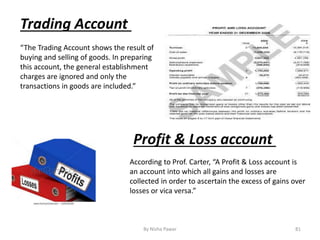 According to Prof. Carter, “A Profit & Loss account is
an account into which all gains and losses are
collected in order to ascertain the excess of gains over
losses or vica versa.”
Profit & Loss account
Trading Account
“The Trading Account shows the result of
buying and selling of goods. In preparing
this account, the general establishment
charges are ignored and only the
transactions in goods are included.”
81By Nisha Pawar
 