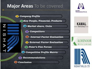 Company Profile
Key People, Financial, Products
Market share, Units
Competitors
Internal Factor Evaluation
Major Areas To be covered
External Factor Evaluation
Poter’s Five Forces
Competitive Profile Matrix
Recommendations
Conclusion
 