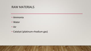 RAW MATERIALS
• Ammonia
• Water
• Air
• Catalyst (platinum-rhodium gas)
 