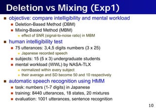 Deletion vs Mixing (Exp1)
   objective: compare intelligibility and mental workload
       Deletion-Based Method (DBM)
 ...