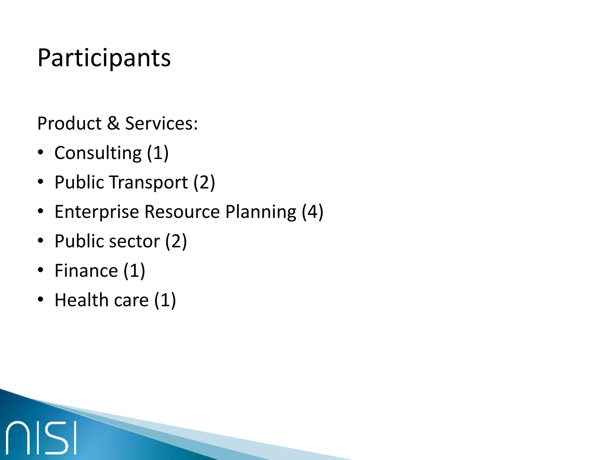 Participants
Product & Services:
• Consulting (1)
• Public Transport (2)
• Enterprise Resource Planning (4)
• Public sector (2)
• Finance (1)
• Health care (1)
 