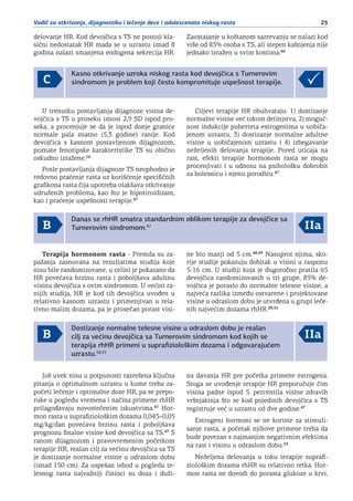 25Vodič za otkrivanje, dijagnostiku i lečenje dece i adolescenata niskog rasta
delovanje HR. Kod devojčica s TS ne postoji kla-
sični nedostatak HR mada se u uzrastu iznad 8
godina nalazi smanjena endogena sekrecija HR.
Zaostajanje u koštanom sazrevanju se nalazi kod
više od 85% osoba s TS, ali stepen kašnjenja nije
jednako izražen u svim kostima.46
Kasno otkrivanje uzroka niskog rasta kod devojčica s Turnerovim
sindromom je problem koji često kompromituje uspešnost terapije.
U trenutku postavljanja dijagnoze visina de-
vojčica s TS u proseku iznosi 2,9 SD ispod pro-
seka, a procenjuje se da je ispod donje granice
normale pala znatno (5,3 godine) ranije. Kod
devojčica s kasnom postavljenom dijagnozom,
poznate fenotipske karakteristike TS su obično
oskudno izražene.16
Posle postavljanja dijagnoze TS neophodno je
redovno praćenje rasta uz korišćenje specifičnih
grafikona rasta čija upotreba olakšava otkrivanje
udruženih problema, kao što je hipotiroidizam,
kao i praćenje uspešnosti terapije.47
Ciljevi terapije HR obuhvataju: 1) dostizanje
normalne visine već tokom detinjstva, 2) moguć-
nost indukcije puberteta estrogenima u uobiča-
jenom uzrastu, 3) dostizanje normalne adultne
visine u uobičajenom uzrastu i 4) izbegavanje
neželjenih delovanja terapije. Pored uticaja na
rast, efekti terapije hormonom rasta se mogu
procenjivati i u odnosu na psihološku dobrobit
za bolesnicu i njenu porodicu.47
Danas se rhHR smatra standardnim oblikom terapije za devojčice sa
Turnerovim sindromom.47
Terapija hormonom rasta - Premda su za-
pažanja zasnovana na rezultatima studija koje
nisu bile randomizovane, u celini je pokazano da
HR povećava brzinu rasta i poboljšava adultnu
visinu devojčica s ovim sindromom. U većini ra-
nijih studija, HR je kod tih devojčica uvođen u
relativno kasnom uzrastu i primenjivan u rela-
tivno malim dozama, pa je prosečan porast visi-
ne bio manji od 5 cm.48,49
Nasuprot njima, sko-
rije studije pokazuju dobitak u visini u rasponu
5-16 cm. U studiji koja je dugoročno pratila 65
devojčica randomizovanih u tri grupe, 85% de-
vojčica je poraslo do normalne telesne visine, a
najveća razlika između ostvarene i projektovane
visine u odraslom dobu je utvrđena u grupi leče-
nih najvećim dozama rhHR.50,51
Dostizanje normalne telesne visine u odraslom dobu je realan
cilj za većinu devojčica sa Turnerovim sindromom kod kojih se
terapija rhHR primeni u suprafiziološkim dozama i odgovarajućem
uzrastu.50,51
Još uvek nisu u potpunosti razrešena ključna
pitanja o optimalnom uzrastu u kome treba za-
početi lečenje i optimalne doze HR, pa se prepo-
ruke u pogledu vremena i načina primene rhHR
prilagođavaju novostečenim iskustvima.47
Hor-
mon rasta u suprafiziološkim dozama 0,045–0,05
mg/kg/dan povećava brzinu rasta i poboljšava
prognozu finalne visine kod devojčica sa TS.47
S
ranom dijagnozom i pravovremenim početkom
terapije HR, realan cilj za većinu devojčica sa TS
je dostizanje normalne visine u odraslom dobu
(iznad 150 cm). Za uspešan ishod u pogledu te-
lesnog rasta najvažniji činioci su doza i duži-
na davanja HR pre početka primene estrogena.
Stoga se uvođenje terapije HR preporučuje čim
visina padne ispod 5. percentila visine zdravih
vršnjakinja što se kod pojedinih devojčica s TS
registruje već u uzrastu od dve godine.47
Estrogeni hormoni se ne koriste za stimuli-
sanje rasta, a početak njihove primene treba da
bude povezan s najmanjim negativnim efektima
na rast i visinu u odraslom dobu.53
Neželjena delovanja u toku terapije suprafi-
ziološkim dozama rhHR su relativno retka. Hor-
mon rasta ne dovodi do porasta glukoze u krvi,
 