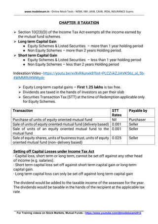 www.modelexam.in - Online Mock Tests - NISM, IIBF, JAIIB, CAIIB, IRDA, INSURANCE Exams
--------------------------------------------------------------------------------------------------------------------------------------------------
________________________________________________________________________________________
For Training videos on Stock Markets, Mutual Funds - https://www.youtube.com/@modelexam2012
CHAPTER :8 TAXATION
⮚ Section 10(23)(D) of the Income Tax Act exempts all the income earned by
the mutual fund schemes.
⮚ Long term Capital Gain
● Equity Schemes & Listed Securities – more than 1 year holding period
● Non Equity Schemes – more than 2 years Holding period.
⮚ Short term Capital Gain
● Equity Schemes & Listed Securities – less than 1 year holding period
● Non Equity Schemes – less than 2 years Holding period
Indexation Video - https://youtu.be/xvXvR4unxk8?list=PLCZvkZJiAVK56z_al_5b-
4WMMRUXMWydc
⮚ Equity Long-term capital gains – First 1.25 lakhs is tax free.
⮚ Dividends are taxed in the hands of Investors as per their slab
⮚ Securities Transaction Tax (STT) at the time of Redemption applicable only
for Equity Schemes.
Transaction STT
Rates
Payable by
Purchase of units of equity oriented mutual fund Nil Purchaser
Sale of units of equity oriented mutual fund (delivery based) 0.001 Seller
Sale of units of an equity oriented mutual fund to the
mutual fund
0.001 Seller
Sale of equity shares, units of business trust, units of equity
oriented mutual fund (non- delivery based)
0.025 Seller
Setting off Capital Losses under Income Tax Act
∙ Capital loss, short term or long term, cannot be set off against any other head
of income (e.g. salaries).
∙ Short term capital loss set off against short term capital gain or long-term
capital gain.
∙ Long term capital loss can only be set off against long term capital gain
The dividend would be added to the taxable income of the assessee for the year.
The dividends would be taxable in the hands of the recipient at the applicable tax
rate.
 