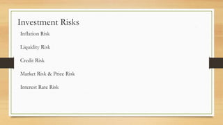 Investment Risks
Inflation Risk
Liquidity Risk
Credit Risk
Market Risk & Price Risk
Interest Rate Risk
 