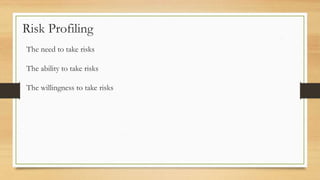 Risk Profiling
The need to take risks
The ability to take risks
The willingness to take risks
 