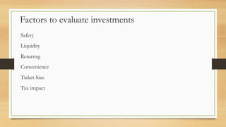 Factors to evaluate investments
Safety
Liquidity
Returnsg
Convenience
Ticket Size
Tax impact
 