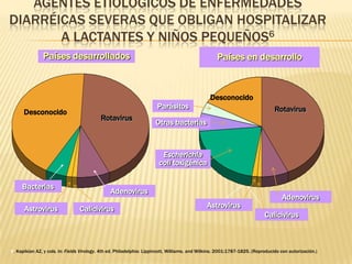 AGENTES ETIOLÓGICOS DE ENFERMEDADES
DIARRÉICAS SEVERAS QUE OBLIGAN HOSPITALIZAR
A LACTANTES Y NIÑOS PEQUEÑOS6
Desconocido
Rotavirus
Calicivirus
Bacterias
Rotavirus
Desconocido
Escherichia
coli toxigénica
Parásitos
Otras bacterias
Países desarrollados Países en desarrollo
Adenovirus
Calicivirus
Astrovirus
Adenovirus
Astrovirus
6. Kapikian AZ, y cols. In: Fields Virology. 4th ed. Philadelphia: Lippincott, Williams, and Wilkins; 2001:1787-1825. (Reproducido con autorización.)
 