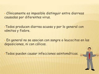  Clínicamente es imposible distinguir entre diarreas
causadas por diferentes virus.
Todos producen diarrea acuosa y por lo general con
vómitos y fiebre.
 En general no se asocian con sangre o leucocitos en las
deposiciones, ni con cólicos.
Todos pueden causar infecciones asintomáticas.
 