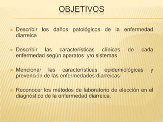 OBJETIVOS
 Describir los daños patológicos de la enfermedad
diarreica
 Describir las características clínicas de cada
enfermedad según aparatos y/o sistemas
 Mencionar las características epidemiológicas y
prevención de las enfermedades diarreicas
 Reconocer los métodos de laboratorio de elección en el
diagnóstico de la enfermedad diarreica.
 