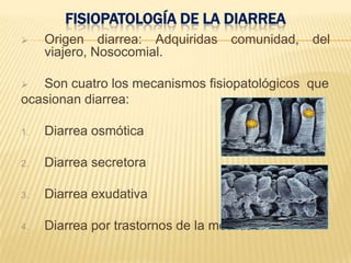 FISIOPATOLOGÍA DE LA DIARREA
 Origen diarrea: Adquiridas comunidad, del
viajero, Nosocomial.
 Son cuatro los mecanismos fisiopatológicos que
ocasionan diarrea:
1. Diarrea osmótica
2. Diarrea secretora
3. Diarrea exudativa
4. Diarrea por trastornos de la motilidad.
 