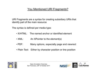 You Mentioned URI Fragments?


URI Fragments are a syntax for creating subsidiary URIs that
identify part of the main reso...