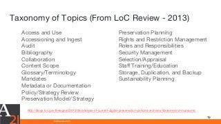 www.athenaeum21.com © Athenaeum21
Taxonomy of Topics (From LoC Review - 2013)
19
Access and Use
Accessioning and Ingest
Audit
Bibliography
Collaboration
Content Scope
Glossary/Terminology
Mandates
Metadata or Documentation
Policy/Strategy Review
Preservation Model/ Strategy
Preservation Planning
Rights and Restriction Management
Roles and Responsibilities
Security Management
Selection/Appraisal
Staff Training/Education
Storage, Duplication, and Backup
Sustainability Planning
http://blogs.loc.gov/thesignal/2013/08/analysis-of-current-digital-preservation-policies-archives-libraries-and-museums/
 