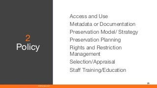 www.athenaeum21.com © Athenaeum21
23
Access and Use
Metadata or Documentation
Preservation Model/ Strategy
Preservation Planning
Rights and Restriction
Management
Selection/Appraisal
Staff Training/Education
2
Policy
 