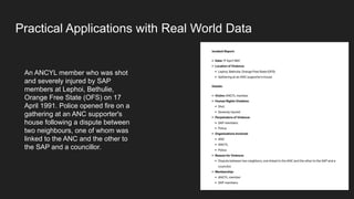 Practical Applications with Real World Data
An ANCYL member who was shot
and severely injured by SAP
members at Lephoi, Bethulie,
Orange Free State (OFS) on 17
April 1991. Police opened fire on a
gathering at an ANC supporter's
house following a dispute between
two neighbours, one of whom was
linked to the ANC and the other to
the SAP and a councillor.
 
