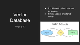Vector
Database
What is it?
● It holds vectors in a database
as storage.
● Similar vectors are stored
closer.
 