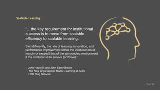 “…the key requirement for institutional
success is to move from scalable
efficiency to scalable learning.
Said differently, the rate of learning, innovation, and
performance improvement within the institution must
match (or exceed) that of the surrounding environment
if the institution is to survive (or thrive).”
-- John Hagel III and John Seely Brown
The New Organization Model: Learning at Scale
HBR Blog Network
Scalable Learning
25 of 26
 