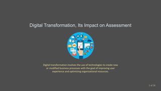 Digital Transformation, Its Impact on Assessment
Digital transformation involves the use of technologies to create new
or modified business processes with the goal of improving user
experience and optimizing organizational resources.
1 of 26
 