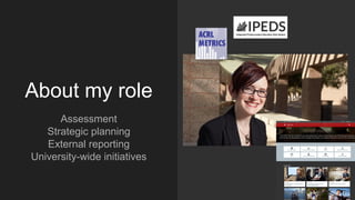 About my role
Assessment
Strategic planning
External reporting
University-wide initiatives
 