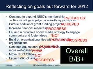 Reflecting on goals put forward for 2012

• Continue to expand NISO’s membership
                                         ...