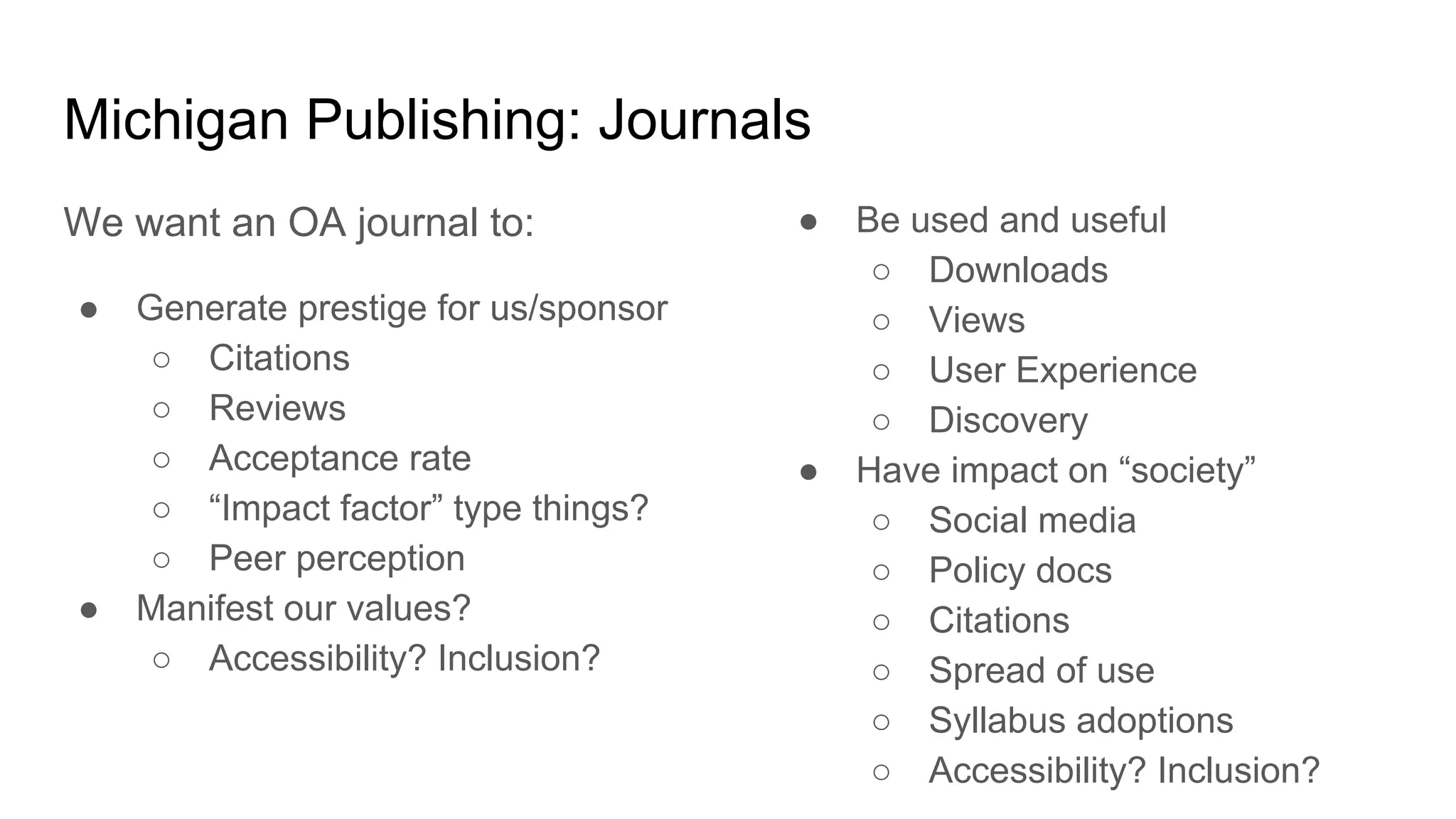 Michigan Publishing: Journals
We want an OA journal to:
● Generate prestige for us/sponsor
○ Citations
○ Reviews
○ Acceptance rate
○ “Impact factor” type things?
○ Peer perception
● Manifest our values?
○ Accessibility? Inclusion?
● Be used and useful
○ Downloads
○ Views
○ User Experience
○ Discovery
● Have impact on “society”
○ Social media
○ Policy docs
○ Citations
○ Spread of use
○ Syllabus adoptions
○ Accessibility? Inclusion?
 