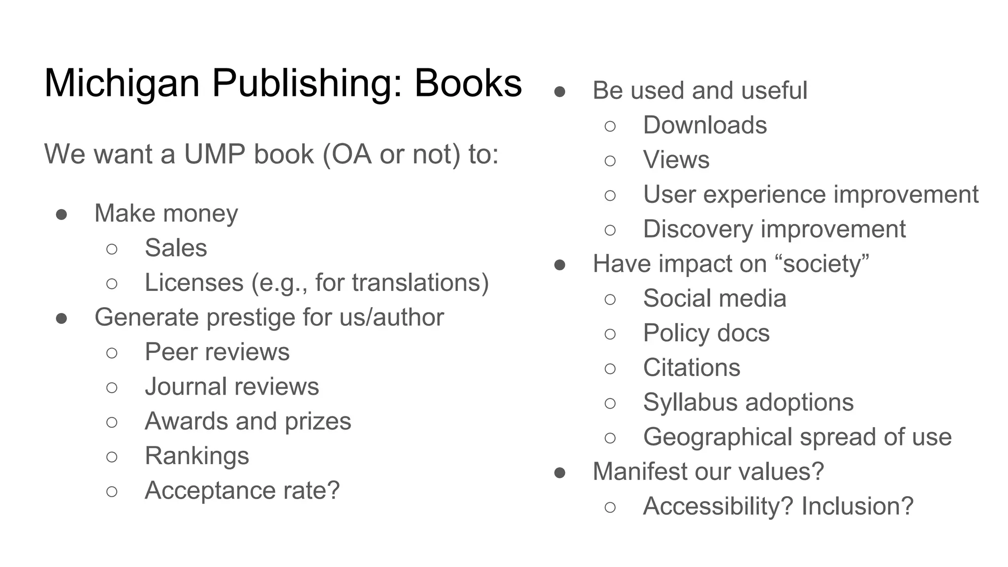 Michigan Publishing: Books
We want a UMP book (OA or not) to:
● Make money
○ Sales
○ Licenses (e.g., for translations)
● Generate prestige for us/author
○ Peer reviews
○ Journal reviews
○ Awards and prizes
○ Rankings
○ Acceptance rate?
● Be used and useful
○ Downloads
○ Views
○ User experience improvement
○ Discovery improvement
● Have impact on “society”
○ Social media
○ Policy docs
○ Citations
○ Syllabus adoptions
○ Geographical spread of use
● Manifest our values?
○ Accessibility? Inclusion?
 