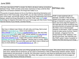 June 2000:
The basic idea behind FOAF is simple: the Web is all about making connections
between things. FOAF provides some basic machinery to help us tell the Web          RDFWeb intro
about the connections between the things that matter to us.
Thousands of people already do this on the Web by describing themselves and
their lives on their home page. Using FOAF, you can help machines understand
your home page, and through doing so, learn about the relationships that connect     FOAF is best explained with an
people, places and things described on the Web. FOAF uses W3C's RDF                  example. Consider a Web of inter-
technology to integrate information from your home page with that of your friends,   related home pages, each describing
and the friends of your friends, and their friends..                                 things of interest to a group of friends.
                                                                                     Each new home page that appears on
                                                                                     the Web tells the world something new,
                                                                                     providing factoids and gossip that make
                                                                                     the Web a mine of disconnected
 Dan lives in Zetland road, Bristol, UK with Libby and Craig. Dan's email            snippets of information. FOAF provides
 address is danbri@w3.org. Libby's email address is                                  a way to make sense of all this. Here's
 libby.miller@bris.ac.uk. Craig's is craig@netgates.co.uk. Dan and Libby             an example, a fragment from the
 work for an organisation called "ILRT" whose website is at http://ilrt.org/.        mostly-fictional FOAF database. First
 Craig works for "Netgates", an organisation whose website is at                     we list some facts, then describe how
 http://www.netgates.co.uk/. Craig's wife Liz lives in Bristol with Kathleen.        the FOAF system makes it possible to
 Kathleen and Liz also work at "Netgates". Damian lives in London. Martin            explore the Web learning such things.
 knows Craig, Damian, Dan and Libby quite well. Martin lives in Bristol and
 has an email address of m.l.poulter@bristol.ac.uk. (etc...)




    This kind of information is the sort of thing typically found on Web home pages. The extract shown here indicates
    how short, stylised factual sentences can be used to characterise a Web of relationships between people, places,
    organisations and documents. In real life, this information would be most likely be distributed across various Web
    pages created by the individuals listed. Very likely, their pages will link directly or indirectly to the home pages of
    countless other friends-of-friends-of-friends.
 