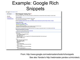 Example: Google Rich
     Snippets




   From: http://www.google.com/webmasters/tools/richsnippets
            See also Yandex's http://webmaster.yandex.ru/microtest.x
 