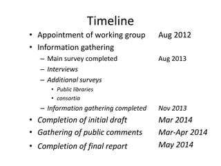Timeline
• Appointment of working group
• Information gathering
– Main survey completed
– Interviews
– Additional surveys
...