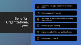 Benefits:
Organizational
Level
Aligns with strategic objectives to increase
value
Prioritizes use of resources
Sets scope, schedule and budget accurately
from the start
Realistic project planning
Improves productivity and quality of work
Ensures quality control
 