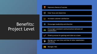 Benefits:
Project Level
Improves chances of success
Clear focus and objectives
Increases customer satisfaction
Encourages leadership and direction
Encourages consistent communications between all
stakeholders
Orderly process for getting work done as a team
Manage your own time and that of other stakeholders
efficiently
Manages risks
 