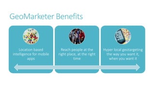 GeoMarketer Benefits
Location based
intelligence for mobile
apps
Reach people at the
right place, at the right
time
Hyper local geotargeting
the way you want it,
when you want it
 